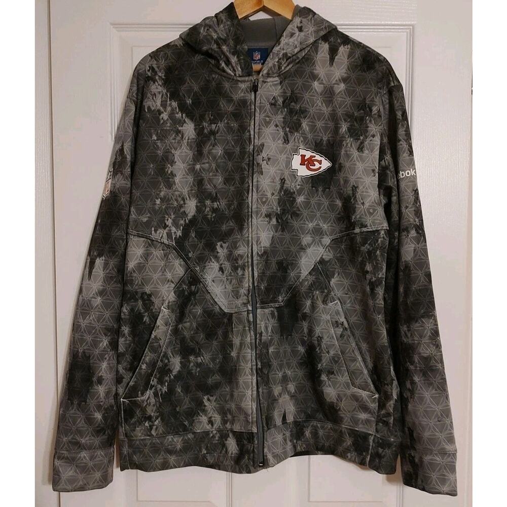 Men's Kansas City Chiefs Jacket Reebok OnField Full Zip Hoodie Geometric Gray L